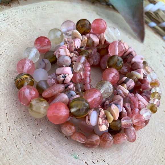 Natural Fire Cherry Quartz & Pink Rhodonite Gemstone Mixed Bead Bracelet Stack - Picture 5 of 10